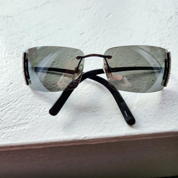 Y2K Vintage Narrow Slim Sunglasses Rectangular Black Frame with Crystals . - Picture 9 of 10